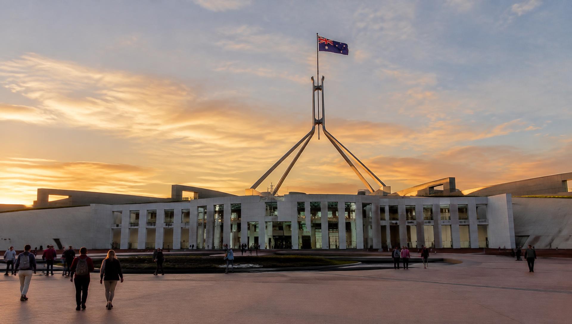 Australian Parliament House in Canberra at golden hour