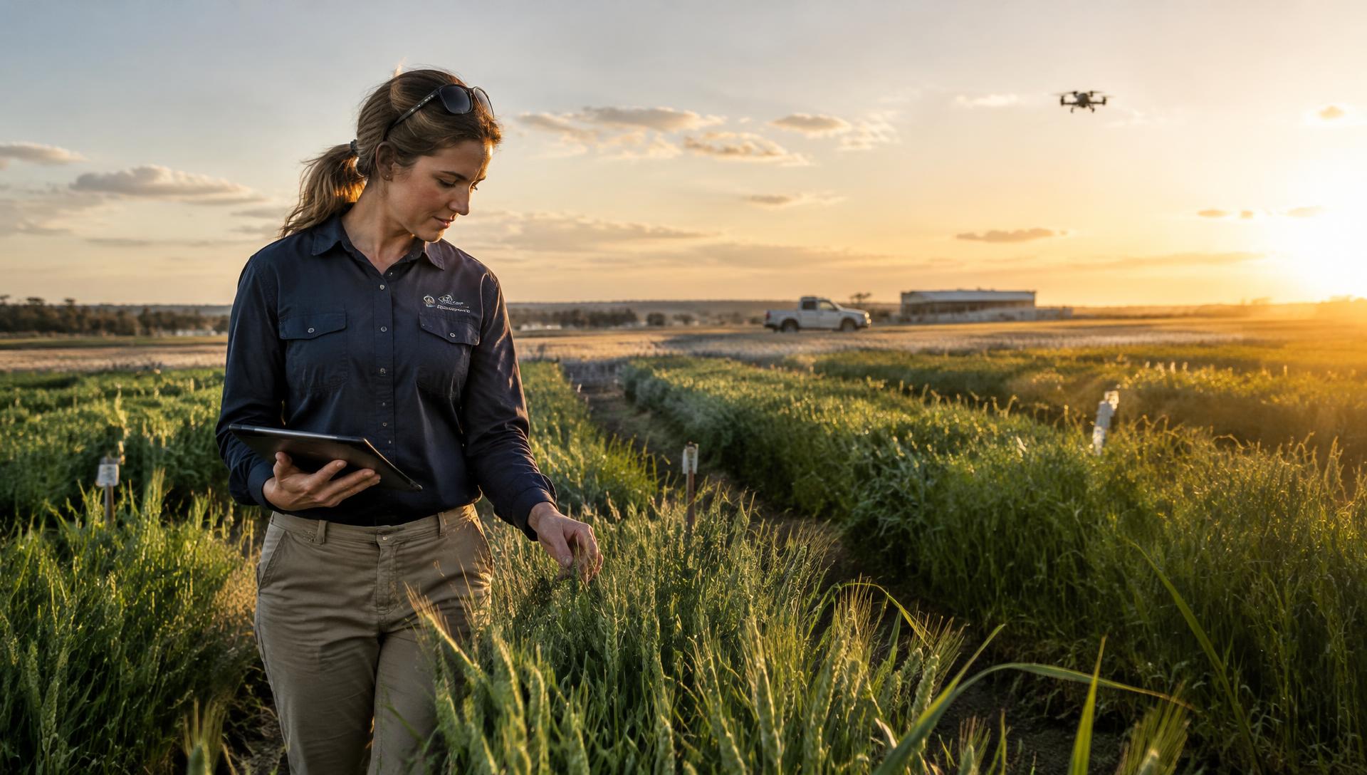 An agricultural scientist inspecting crop trials at a research station