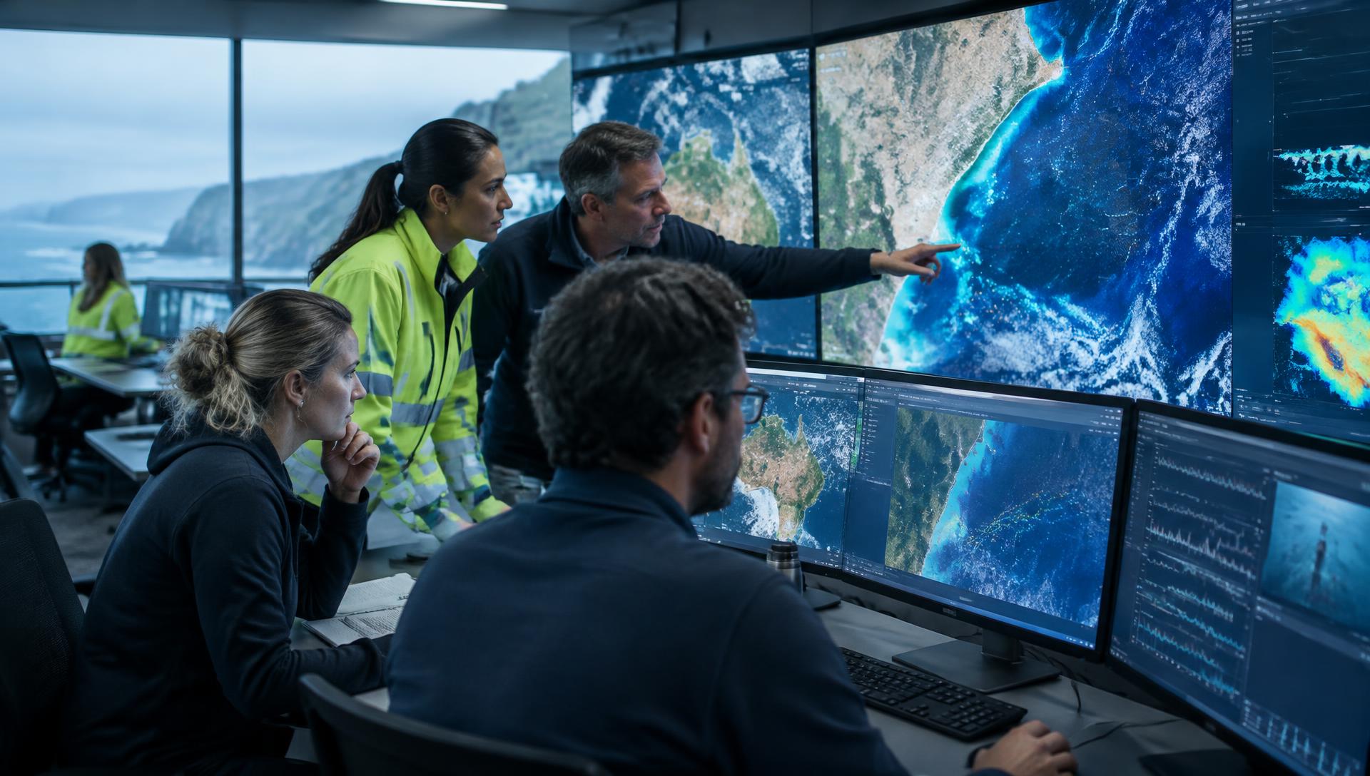 Research scientists reviewing satellite and environmental monitoring data of the Australian coastline