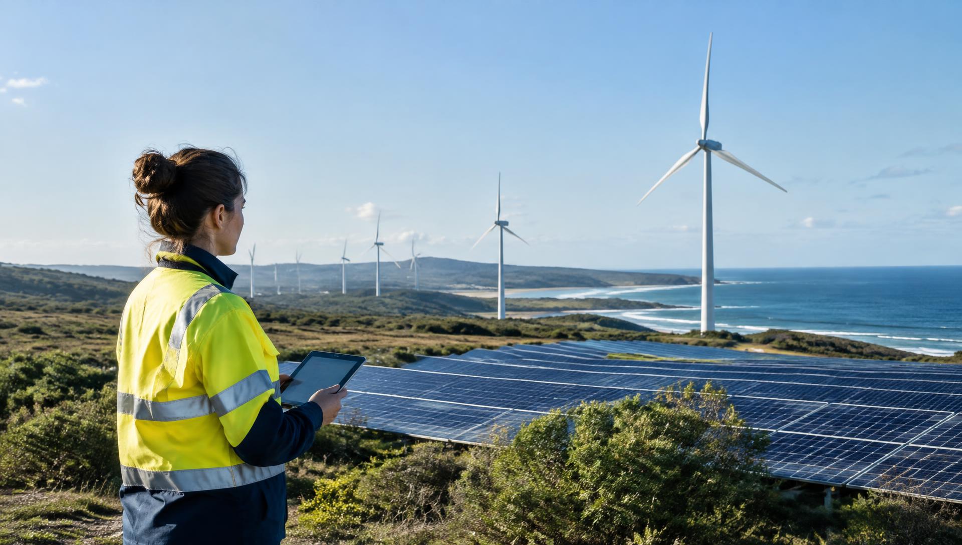 A researcher overlooking solar panels and wind turbines on the Australian coast