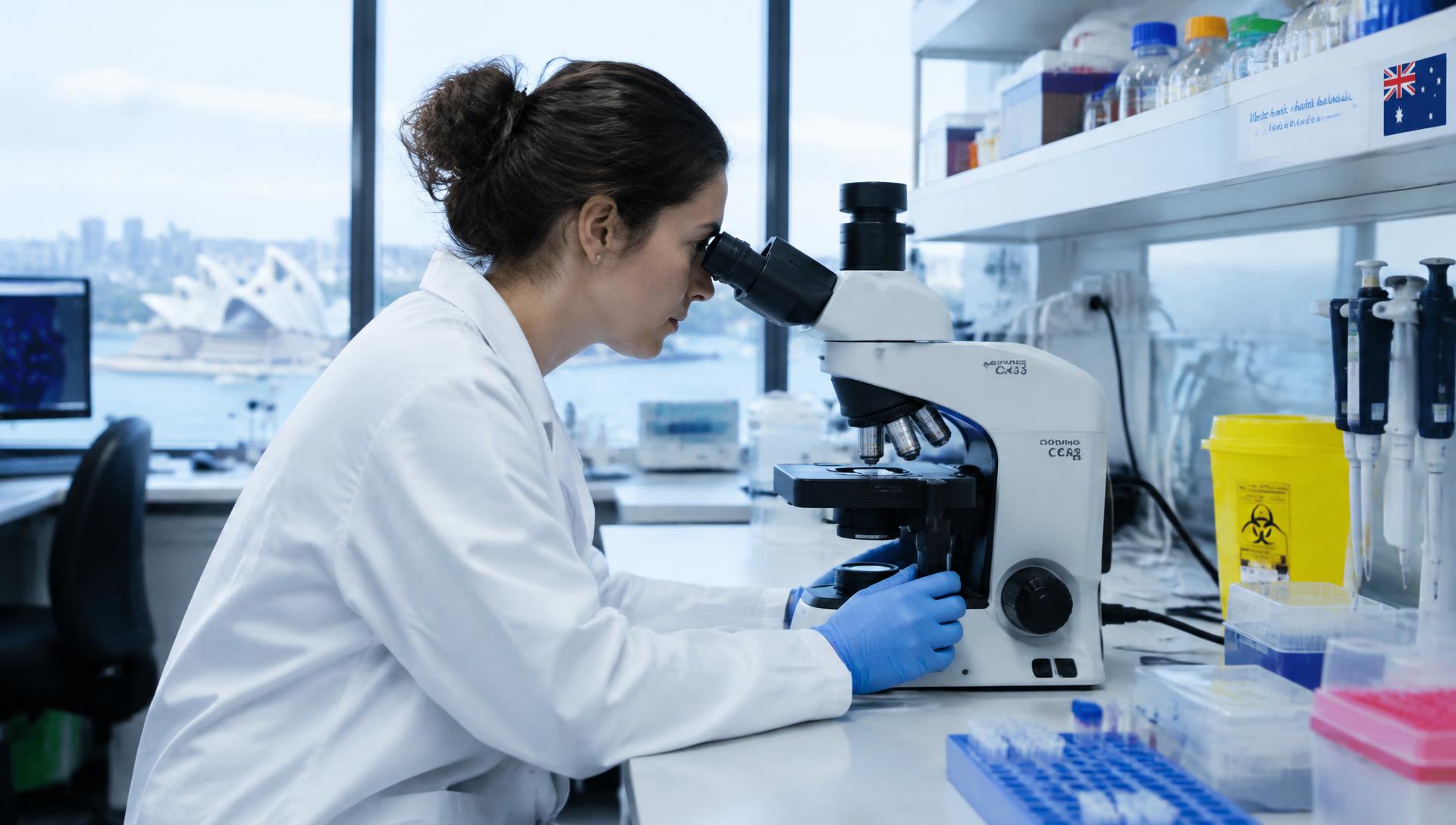 A medical researcher using a microscope in a laboratory