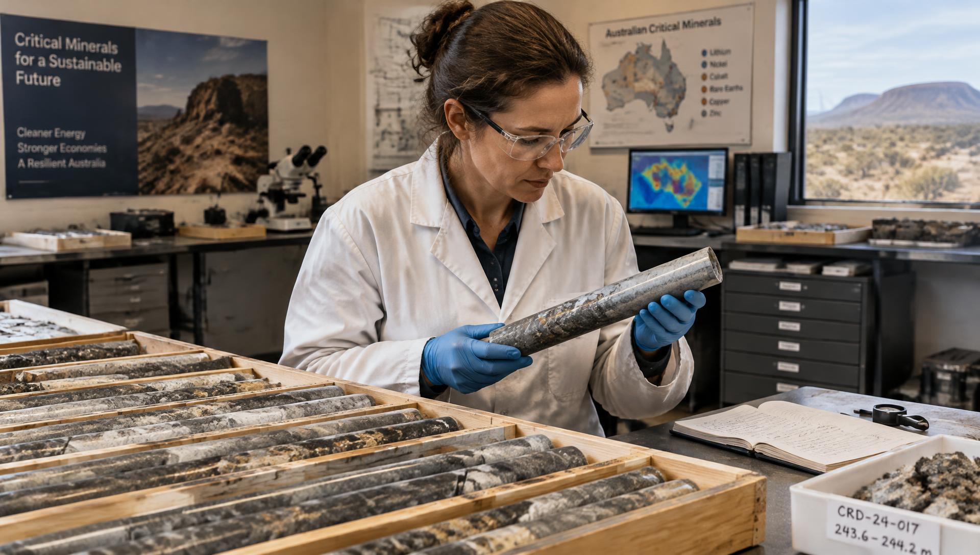 A scientist examining mineral core samples in a geology laboratory