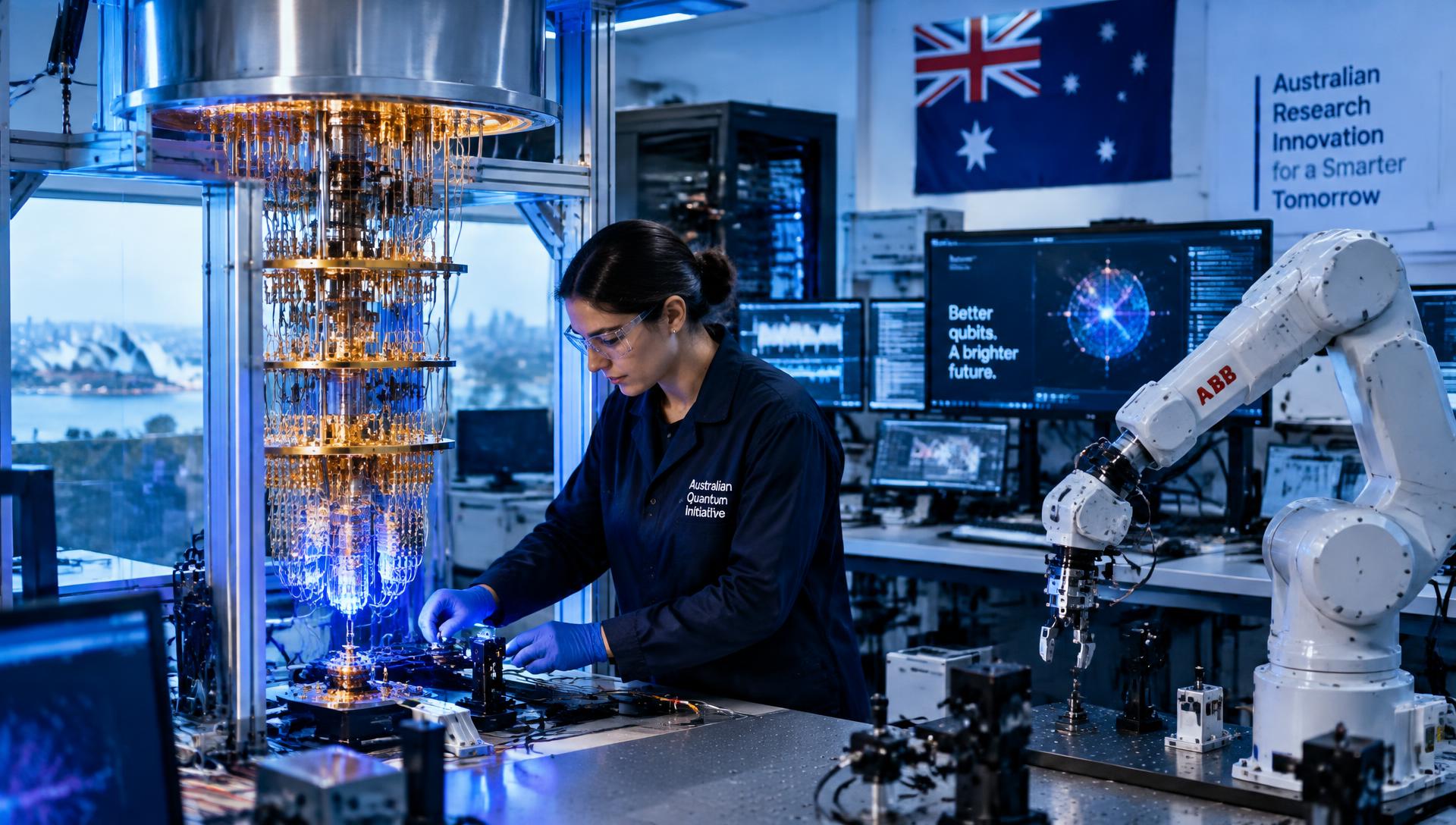 An engineer working with quantum computing hardware and a robotic arm